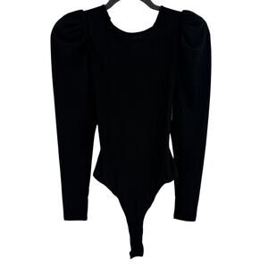 ASTR The Label Womens XS Black Rib Knit Puff Long Sleeve Sweetheart Bodysuit